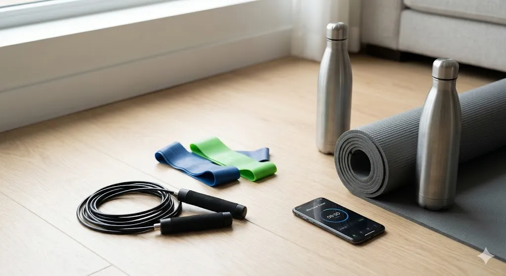 A neatly organized arrangement of home fitness gear on a wood floor: a coiled speed jump rope, resistance mini bands, a grey exercise mat, a stainless steel water bottle, and a smartphone showing a workout timer app, representing a healthy lifestyle.