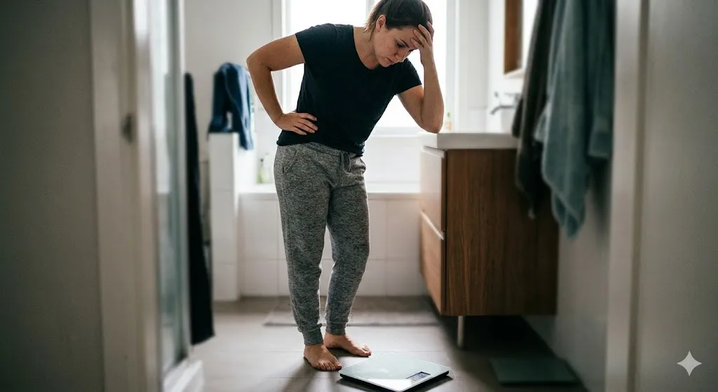 A person with a frustrated expression looking at a digital scale on the bathroom floor, realistic natural light