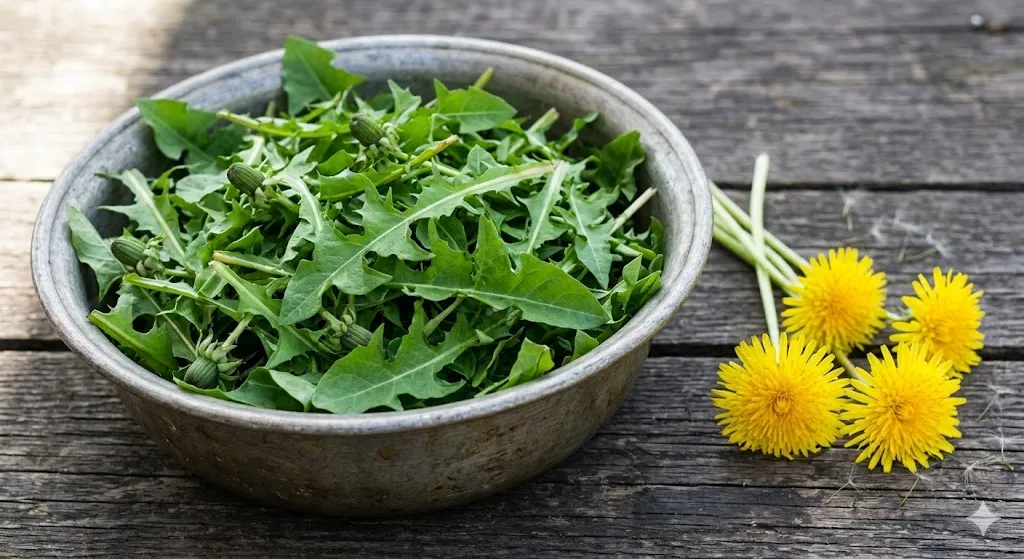 Fresh, jagged, green dandelion leaves fill a rustic metal bowl.
