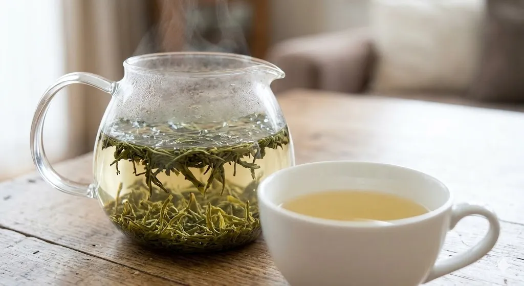 Loose green leaves are visible through a clear glass teapot, with a cup of white tea beside it.