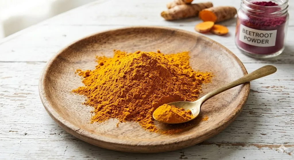 A macro view focuses on a central pile of vibrant golden curcumin powder.