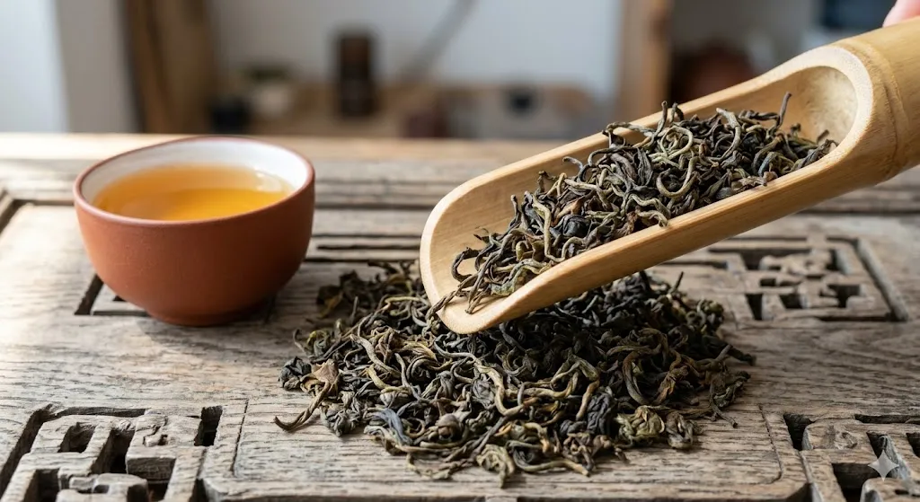 Dark, twisted oolong tea leaves are presented on a traditional bamboo spoon, with a small cup of brewed oolong tea at the bottom.