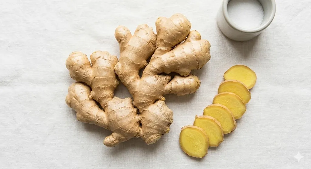 An aerial image of a large, whole ginger rhizome with several fingers next to perfectly round ginger slices.
