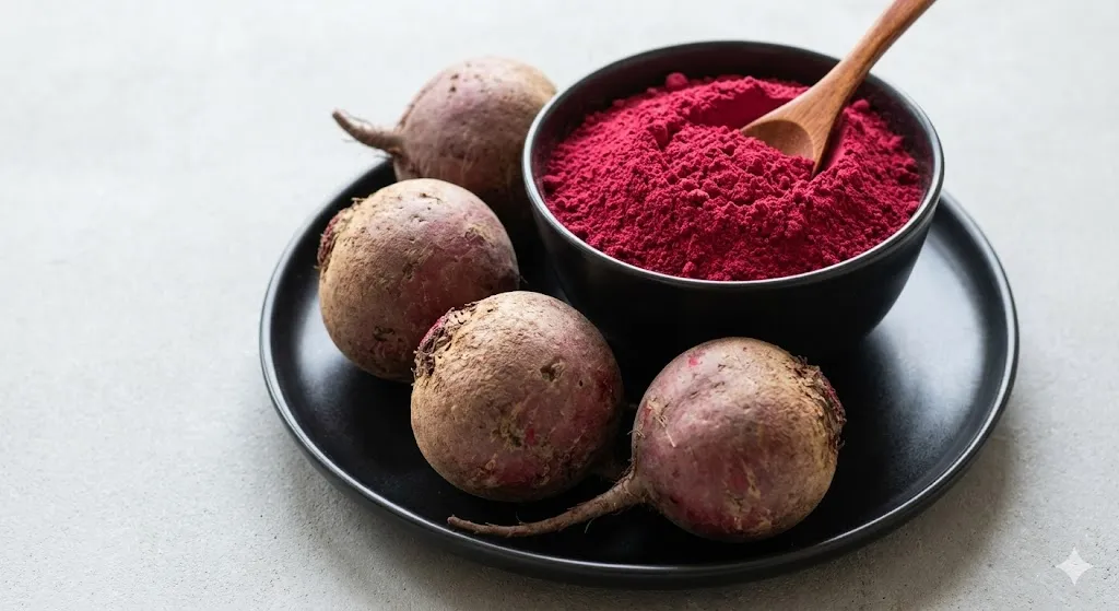 A bowl of vibrant pink powder next to whole, fresh beets.