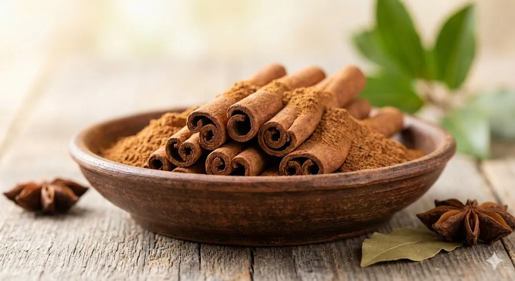 A central cluster of whole, straw-shaped cinnamon sticks mixed with ground cinnamon.