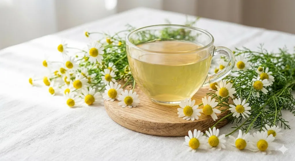 A cup of light golden chamomile tea on a small wooden plaque, surrounded by fresh white and yellow chamomile flowers and green leaves.