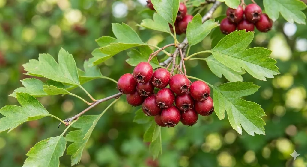 A central cluster of ripe, red hawthorn berries is surrounded by lobed green hawthorn leaves.