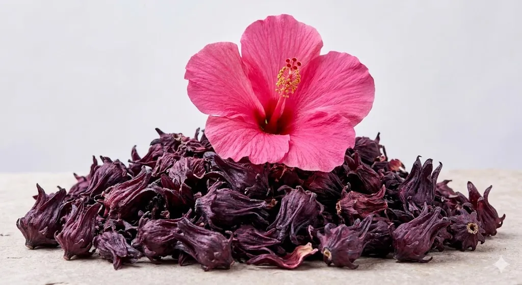 A single, bright pink, open hibiscus flower rests on a pile of dried, dark hibiscus calyxes.