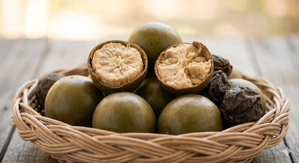 Fresh, round monk fruit (Luo Han Guo) mixed with dried, brown monk fruit.