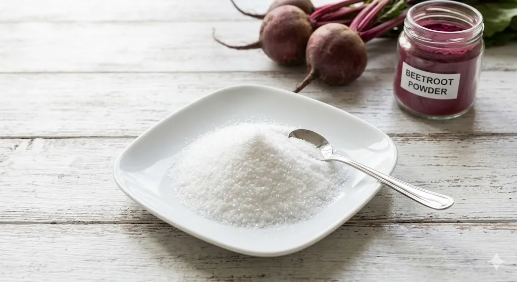 An aerial view of a pile of pure white crystalline powder on a small white porcelain plate.