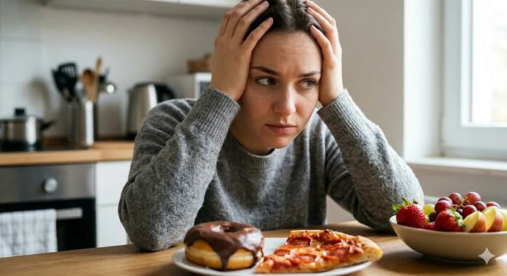 Conflict between healthy eating and junk food: woman undecided between pizza and fruit.